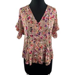 DOLAN Beige Top Floral Pleated V-Neck Button Front Ruffle Sleeve Petite Small S